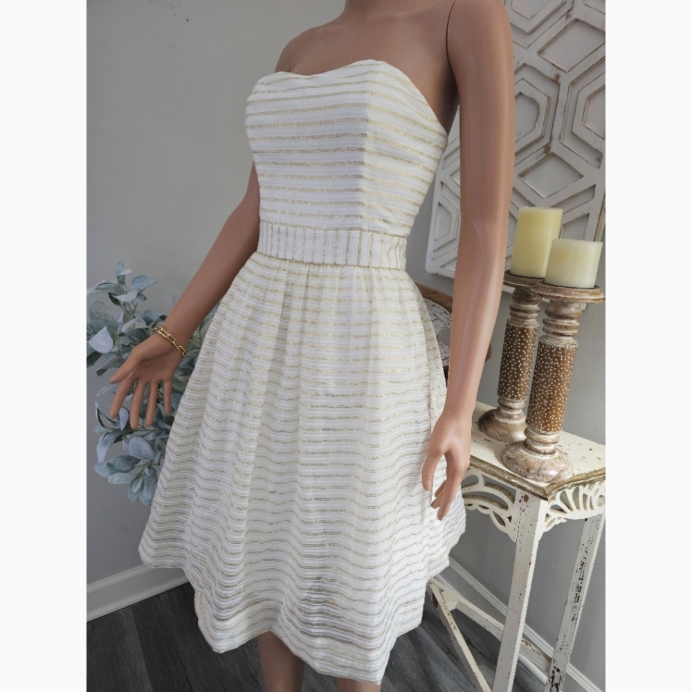 Lilly Pulitzer Kerry Beige Gold Metallic Stripe Strapless Full Skirt Dress Sz 2